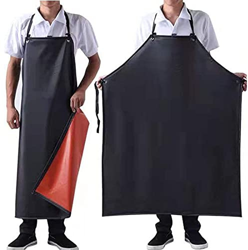 LRUUIDDE Waterproof Rubber Vinyl Apron Black - 43 Light Duty Aprons - Stay Dry - Industrial Chemical Resistant Plastic, Long Black Bib Apron for Dishwashing Work Butcher Cleaning Fish (Black-2pack)
