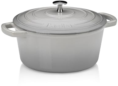 kela Bräter Gusseisen rund 3,8 Liter, Dutch Oven CALIDO, Induktion Gussbräter mit Deckel, Gusseisen Topf Brot backen, emailliert, hellgrau