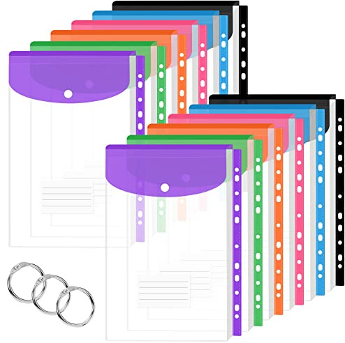 12 Pack Plastic Envelopes Binder Pocket 11 Holes Expandable Binder Folders for 2/3/4 Ring Document Pouch with Snap Button & Label Loose-Leaf Transparent for School Home Office (Vertical-Opening)