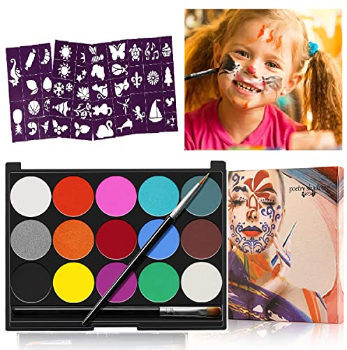 KARLOR Gesichtsfarbe,15 Farben Face Paint Set 2 Pinsel ungiftig wasserlöslich Schminkfarbe Face Body Painting Set Erwachsene Makeup Halloween Karneval Fasching Cosplay