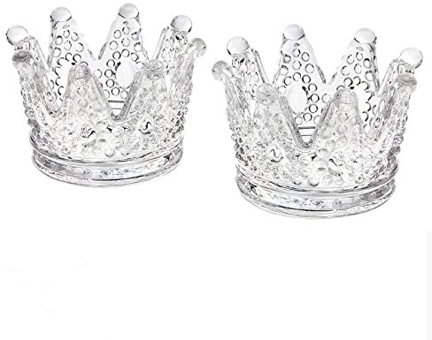 Crown Glassware Candle Holder,2 Pcs Tea Light/Tabletop Candlestick Ornament,Crystal Glass Jewelry Ring Holder,Gift for Weddings Party Favor Home Decor (Clear, 2Pcs)