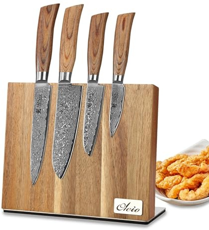 Wakoli EDIB Pro 4-teiliges Küchenmesser Set aus Damaststahl (VG10 Kern) mit magnetischem Messerblock – Fleisch, Office & 2× Santokumesser – Scharf & ergonomisch – Damastmesser Set mit Pakkaholzgriffen