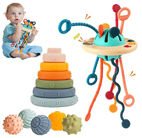Jokooan Montessori Leksaker 3-i-1, Aktivitets STEM Multi-sensorisk baby Utbildning Spel 1, 2 och 3 år Gammal, Silikon Rep Spel + Form Matchande Stapelbar Leksak + Silikon Boll（）