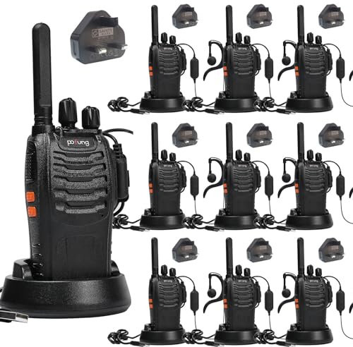 Walkie Talkie PMR446 License-free Two Way Radio pofung PT88E Walkie Talkies | Professional Rechargeable Long Range Walkie Talkies, Earpieces, for Family Hiking Camping Warehouse Security (Black, 10 Pack)