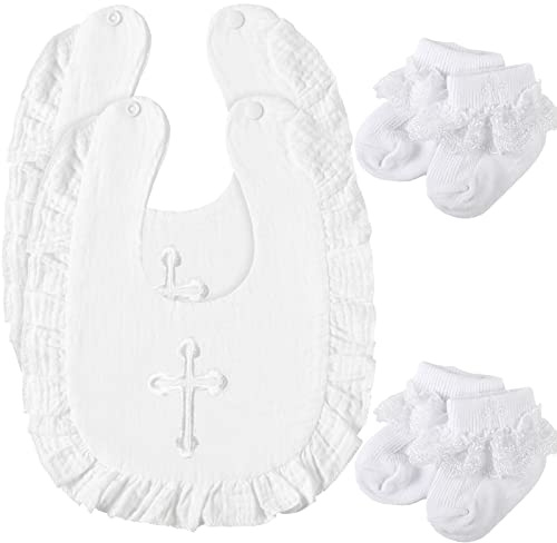 Lasnten 4 Pcs Baptism Outfit Gifts for Boys Girls, Baby Baptism Bib and Socks White Embroidered Cross Bib with Ruffles and Lace Socks Christening Gifts for Baby Infant Newborn