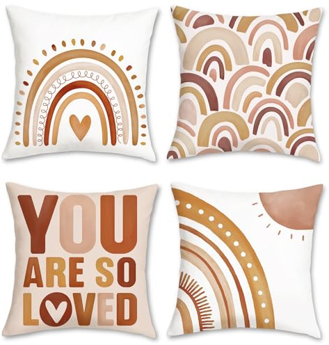 Bonhause Boho Rainbow Cushion Covers 45 x 45 cm You are So Loved Inspirational Quote Heart Decorative Pillow Covers Velvet Pillowcases for Girls Kids Bedroom Nursery Decor Set of 4