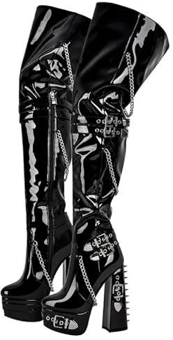 blingqueen Platform Heel Thigh High Boots for Women Chunky Block Heels Booties Zip Up Over The Knee High Boots with Rivets Chains Grommets Buckle Punk Boots Riding Motorcycle Sock Boots Black Size 12