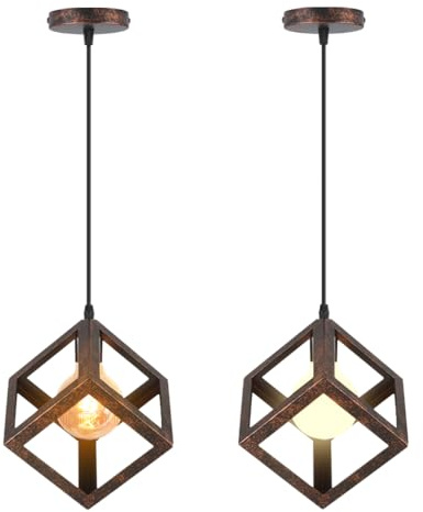 iDEGU 2 Stück Pendelleuchte, modern, Würfelform, Deckenleuchte, Lampenschirm im geometrischen Stil, aus Metall, E27, Hängeleuchte, für Schlafzimmer, Wohnzimmer, Restaurant – 16 cm, Rost