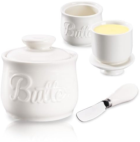 Französische Butterdose, Butterglocke aus Keramik mit Deckel und Buttermesser, Butterbehälter mit Wassergekühlt für Frische Streichzarte Butter, Vintage Design