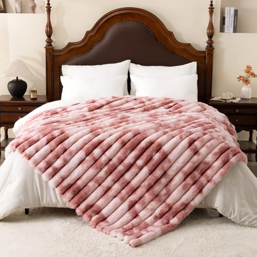 Vamcheer Kuscheldecke für Bett, 230x270 cm Super Soft Dick Wohndecke, Bubble Kaninchen Kunstfell Decke, Plüsch Doppelgesicht, Weich & Warm Überwurf, Tie-dye Rosa