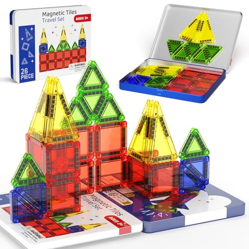 Voyage tuiles magnétiques, 26-pièces Mini Briques magnétiques, STEM Voyage tuiles de Construction magnétique Ensemble avec boîte de Fer pour 3 + Ans garçons Filles