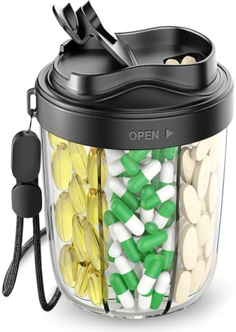 Pill Organizer,Pill Dispenser With 7 Large Compartments,Portable Pill Bottle Box With Wide Opening For Easy Use,Tablet Organiser Anti-Mix Pills Organizer For Travel,Includes 20 Pcs Sticky Labels-Black
