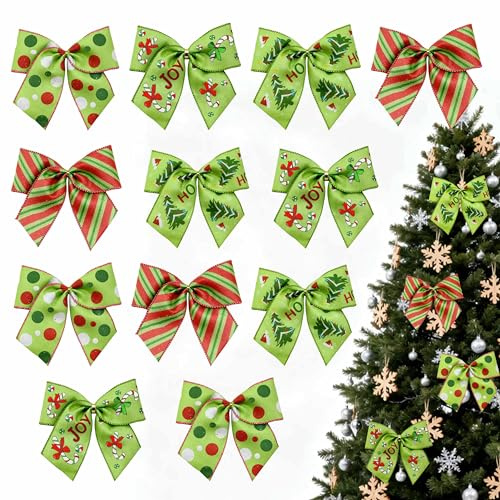 AMZFAVOR 12Pcs Red Green Christmas Bows, 6 Inch Red Green Christmas Tree Bow Ornaments, Xmas Wreath Bow Premade Ribbons Ornaments for Tree Holiday Party Wreath Garland Gift Wrapping