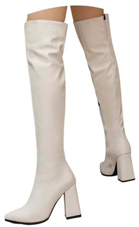 Botas altas hasta el muslo para mujer, punta puntiaguda, tacón alto, cremallera lateral, cómodas, de piel, para fiesta de graduación, White, 38 EU
