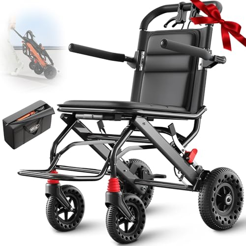 VOCIC U41 Rollstuhl Faltbar Leicht,8,4KG Aluminium Ultraleichter Reiserollstuhl,Tragbarer Transportrollstühle klappbar mit 20CM Honeycomb Gelände Reifen,Schmaler Rollstuhl für Wohnung,Obsidianschwarz