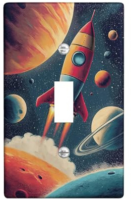 Rocket Single Light Switch Cover Plate, Futuristic Playful Planets Stars None Red Plastic Standard Size Decorative Wall Plates for Home Living Room Bedroom Bathroom Decor (Single)