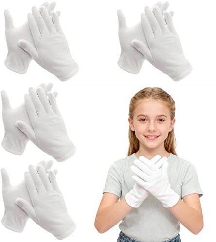 Bomullshandskar neurodermatit barn, 4 par atopisk dermatit handskar barn, vita handskar för torra händer, eksemhandskar övernattning barn (11–15 år)