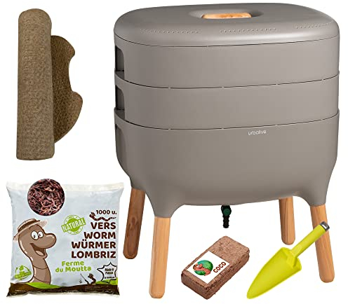 Moutta I Urbalive 2 Bandejas Gris, Kit Completo I Diseño Vermicompostaje I 500g lombrices / 1000 uds. I Sustrato Inicial I Estera de cáñamo + Pala I Interior, balcón y jardín