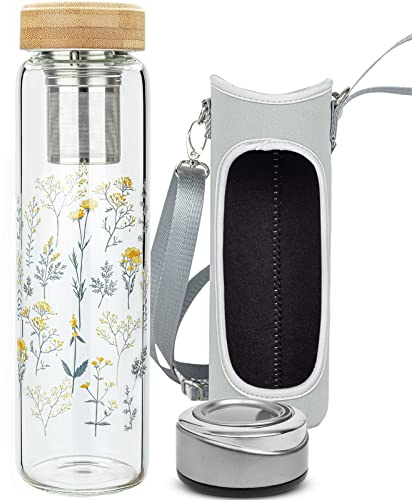 Reeho 32oz Borosilicate Glass Water Bottle with Tea Infuser, Tea Tumbler with Strainer, Reusable Travel Mug with Sleeve & 2 Lids, Glass Drinking Bottle for Hot or Cold Drinks