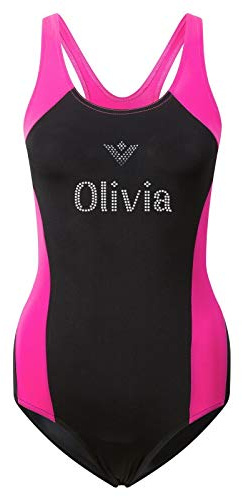 Varsany Personalised Girls Swimming Costume One Piece Kids Swimsuit - Bathing Suit Swimwear Childrens - Suitable for Kids Age 5-15 Years Black
