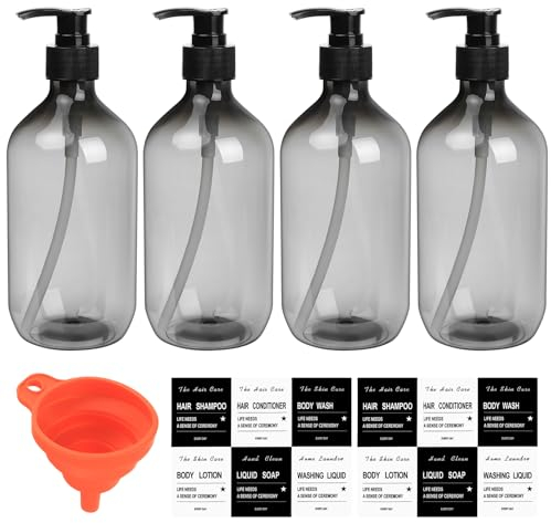 4 Pcs 500ml Soap Dispenser with Pump, Empty Refillable Pump Bottle Dispensers for Kitchen Bathroom Liquid Hand Dish Soap Dispenser Bottles Containers, with Funnel and Label - transparent black