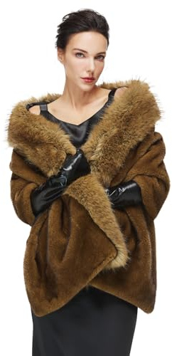 BEAUTELICATE Chal de Piel Sintética con Ribete de Piel de Zorro Sintética Poncho Estola de Pelo Mujer Cardigan para Boda Fiesta Invierno (Marrón,Talla única)