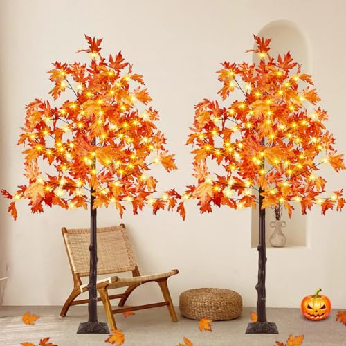 2 Pack 5FT Artificial Lighted Maple Tree, Thanksgiving Decor Artificial Tree with Timer, 200 LED Warm White Light up Maple Tree for Indoor Outdoor Thanksgiving Autumn Home Party Decoration, Orange