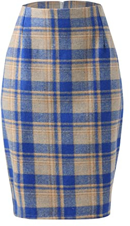 2025 - Faldas a cuadros de lápiz para mujer, falda midi de lana hasta la rodilla con capas de corte de cintura alta de invierno, azul, S
