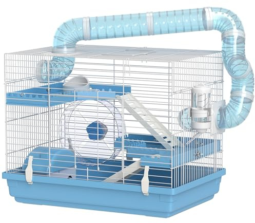 PawHut Cage pour Hamster Portable, Cage Hamster avec cabane, gamelle, Roue de Course, Bouteille d'eau, perchoirs, échelles, système de tuyaux, 47,5 x 31,5 x 29,5 cm, Bleu Clair