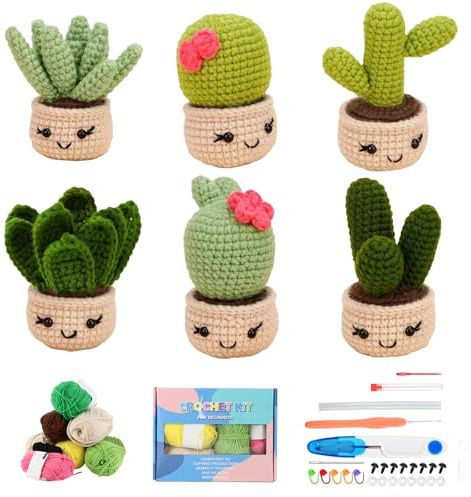 Mecmbj Kit Uncinetto Principianti, 6 Vasi per Piante di Cactus Crochet Kit, Set Uncinetto Principianti con Istruzioni Video Passo di Inglese, per Adulti e Bambini(Cactus in Vaso)
