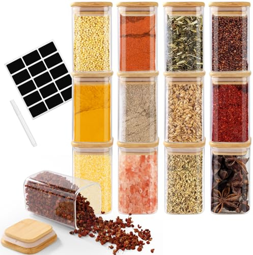 Cinnani 12 Bocaux à Épices CarréS en verre 300 ml avec Couvercle en Bambou, pot Epices Verre, RéCipient à éPices, Ensemble de Pots à ÉPices, Boite a Epices Cuisine Rangement avec Étiquettes Vierges