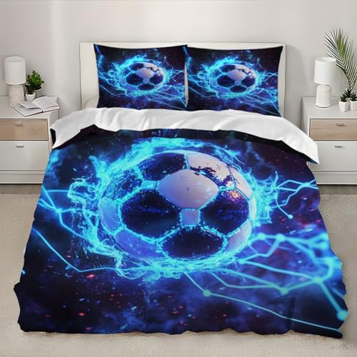 Set Copripiumino Tema Sportivo Sul Calcio Matrimoniale 3 Pezzi in Microfibra, Copripiumino135x200cm Parure Biancheria da Letto Blu per Adulti, Bambini e Adolescenti