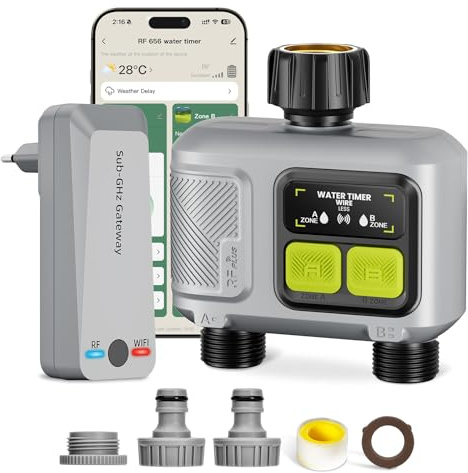 Computer per irrigazione WiFi con 2 uscite, timer intelligente per l'irrigazione (portata RF 300 m), controllo tramite app/vocale, ritardo pioggia, irrigazione automatica per prato, giardino e balcone