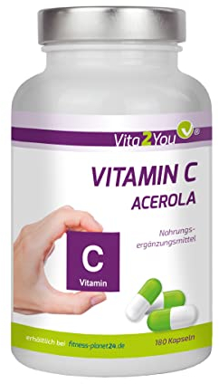 Vita2You Vitamin C Acerola - 180 Kapseln - 750mg Acerola pro Kapsel - Natürliches Vitamin C - Hochdosiert - Premium Qualität