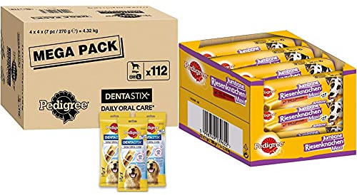 Pedigree DentaStix Daily Oral Care Zahnpflegesnack für große Hunde – Hundeleckerli mit Huhn- & Rindgeschmack für jeden Tag – 1 x 112 Stück & Hundesnacks Riesenknochen, 12 Stück (12 x 180 g)