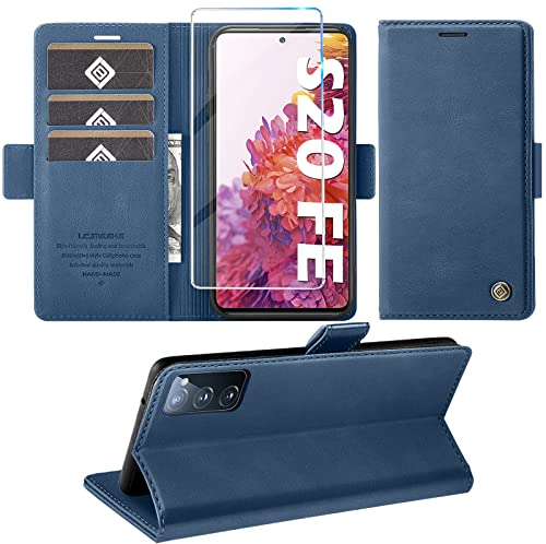 Giyer Handyhülle für Samsung Galaxy S20 FE Hülle mit Schutzfolie, Standfunktion Kartenfach Wallet Premium Leder Schutzhülle S20 FE 4G/5G Flip Case Cover Stoßfeste Klapphülle (Blau)