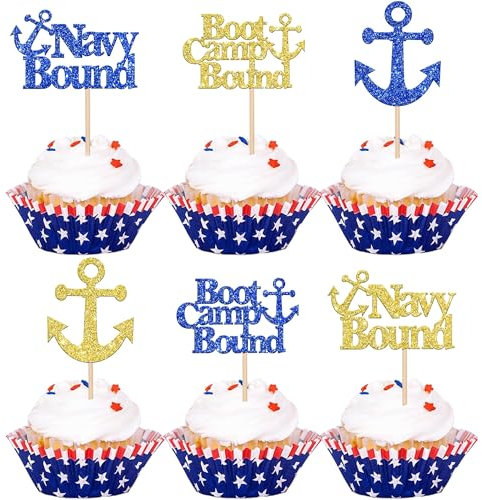 Paquete de 24 adornos para cupcakes con temática militar, para campamento de entrenamiento, decoración de magdalenas, decoración de magdalenas con temática azul marino, ceremonia de bienvenida, fiesta