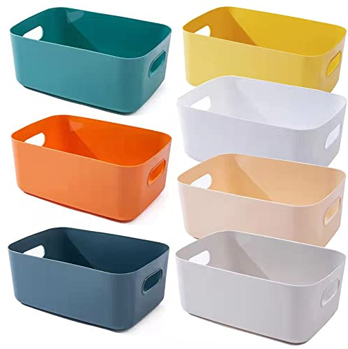 RchleaKry Small Plastic Baskets, Multiple Colour Pantry Organizer Bins Cupboard box with Handle, Plastic Storage Baskets for Bedroom Office Classroom Desktop Drawer Organizers