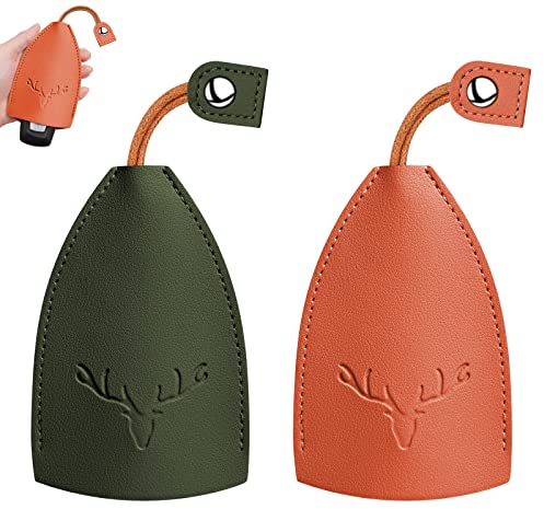 URAQT Ausziehbares Schlüsseletui,2 Stück Unisex Schlüsseltasche Tragbarer Ausziehbarer Autoschlüsselhalter PU Schlüsseletui Fall für Autoschlüssel Schlüsselmäppchen Hirsch-Orange+Grün