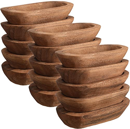Amyhill 15 Pcs Wood Dough Bowl Bulk- 9.5 Inch Rustic Vintage Hand Carved Paulownia Wooden Decoration Bowls for Home Bread Making DIY Craft(Brown)