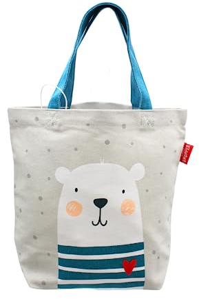 Dekohelden24 Kinder-Shopper/Kinderhandtasche/Kindertasche/Minishopper mit Henkel, Motiv: Bär mit Aufschrift - Bärenstark -, 100% Baumwolle, Größe: H/B ca. 21 x 24