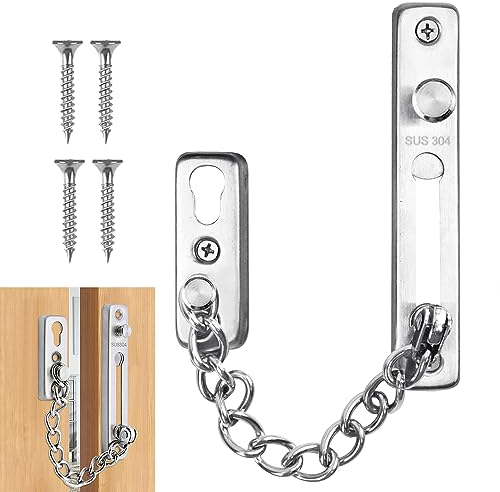 Chaîne de porte en acier inoxydable 304,entrebailleur de porte,securite porte d'entrée, chaine de porte d entree, chaine de sécurité, crochet pour entrebailleur une porte (argenté)