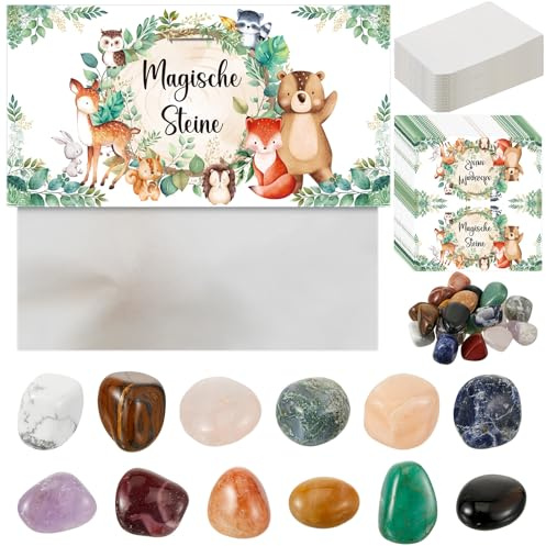 Hestya 24 Pezzi Set di Pietre Portafortuna per Bambini Pietre Magiche Preziose Pietra Naturale Regali Bomboniere per Compleanno Calendario dell'Avvento Scuola (Animali Foresta)