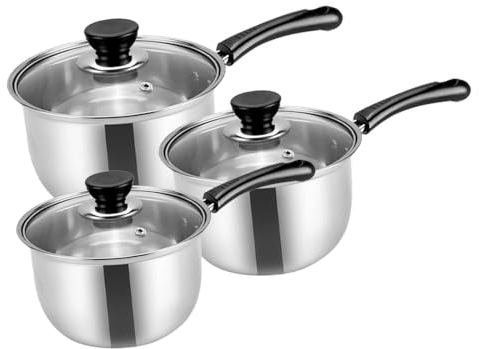 sports flyfree 3 Piece Stainless Steel Pans Set, Induction Pot and Pan Set with Glass Lids, Includes 16cm, 18cm & 20cm Saucepans, Cookware Set Compatible with Induction, Gas and Electric Hobs (1)