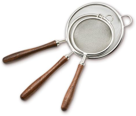 Set di 3 colino fine da cucina, in acciaio inox 304 con manico in legno, a maglia fine, per quinoa/pasta/farina/cibo, riso/cottura (7/8/10 cm)