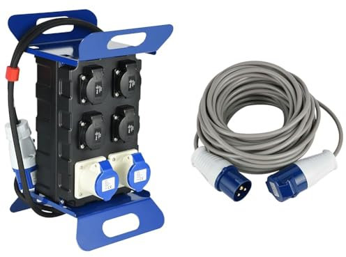 Electraline 60429 Quadro Elettrico di Distribuzione 4 prese Schuko, 2 Prese Industriali CEE & 46147 Prolunga 10 mt Presa Industriale IEC Spina a 3 Poli Adatta per Camper, Campeggio