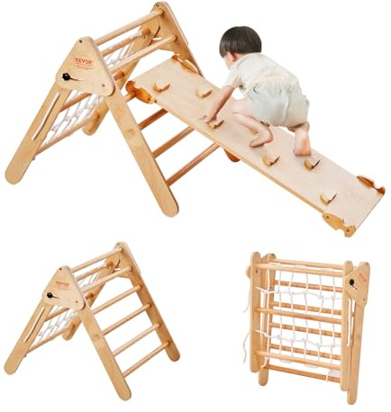 VEVOR Pikler Triangle Set Climber 4 in 1, Montessori Foldable Climbing Set, Large Size Toddler Climbing Toys Indoor with Triangle and Ramp for Kids (Wooden Color)