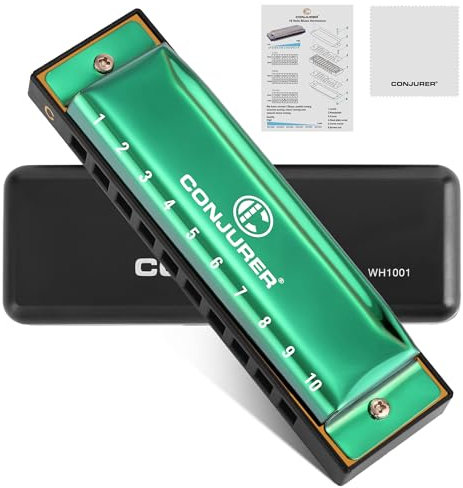 Conjurer Blues Mundharmonika C-Dur Anfänger Blues Harp C 10-Loch Diatonische Harmonika Instrument Muntamonika mit hochwertigen Messing Stimmzungen und Hervorragender Klang, Grün