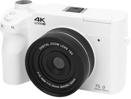 Cámara Digital 4K para Fotografía, Cámaras Duales Delanteras y Traseras de 75MP, Cámara de Vlogging WiFi de Enfoque Automático con Pantalla HD de 3 Pulgadas, Zoom de 18x, Flash (White)