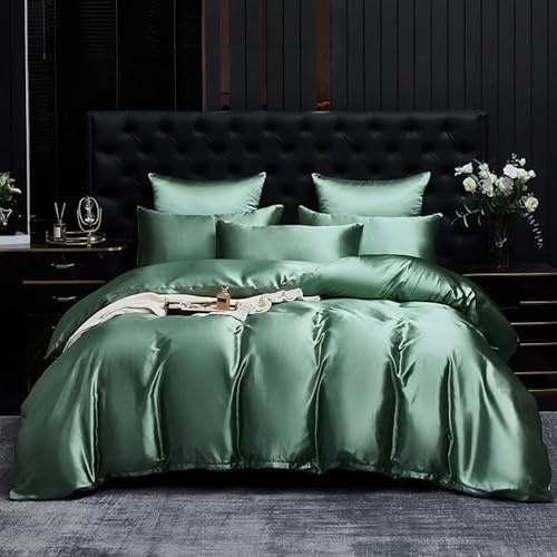 Gezu Copripiumino in raso 240 x 260 verde salvia Set da letto per adulti in raso liscio setoso lucido set copripiumino per 2 persone, biancheria da letto con 2 federe 65 x 65 con cerniera